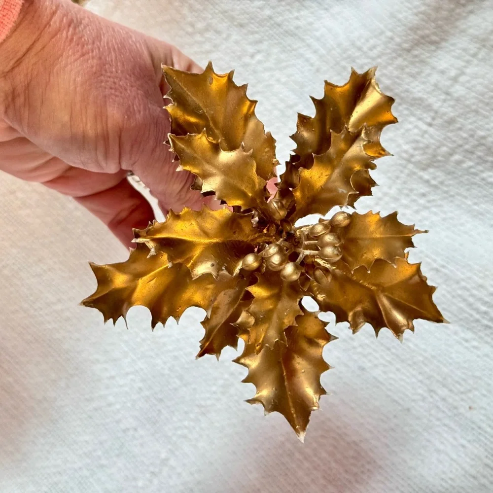 5 VINTAGE Metallic Gold Winter Holly Faux Floral Stems Thick & Rubbery Picks